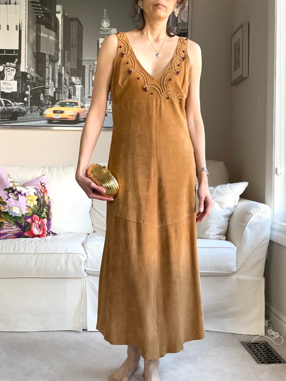 Suede sleeveless beaded midi dress